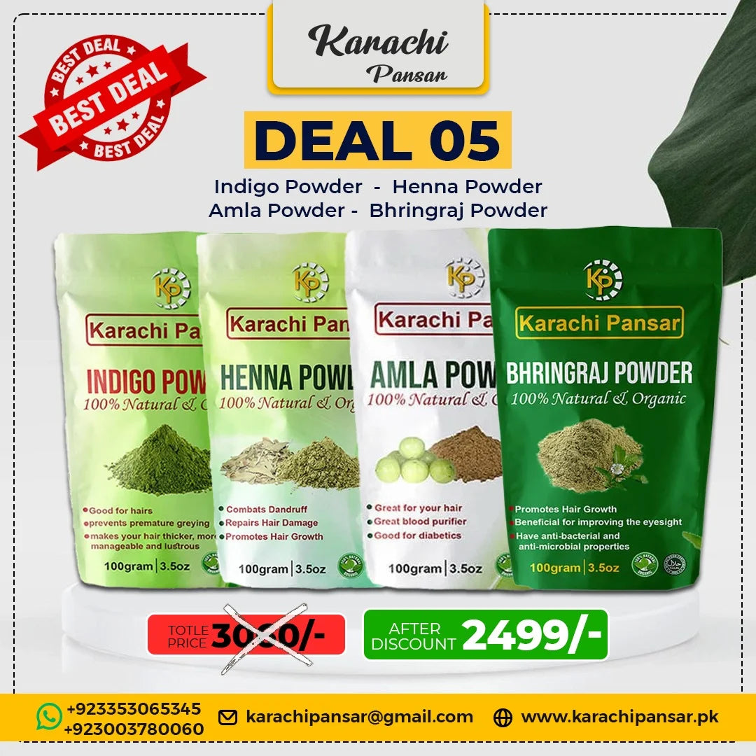 Deal 5 Indigo Powder, Henna Powder, Amla Powder, and Bhringraj Powder