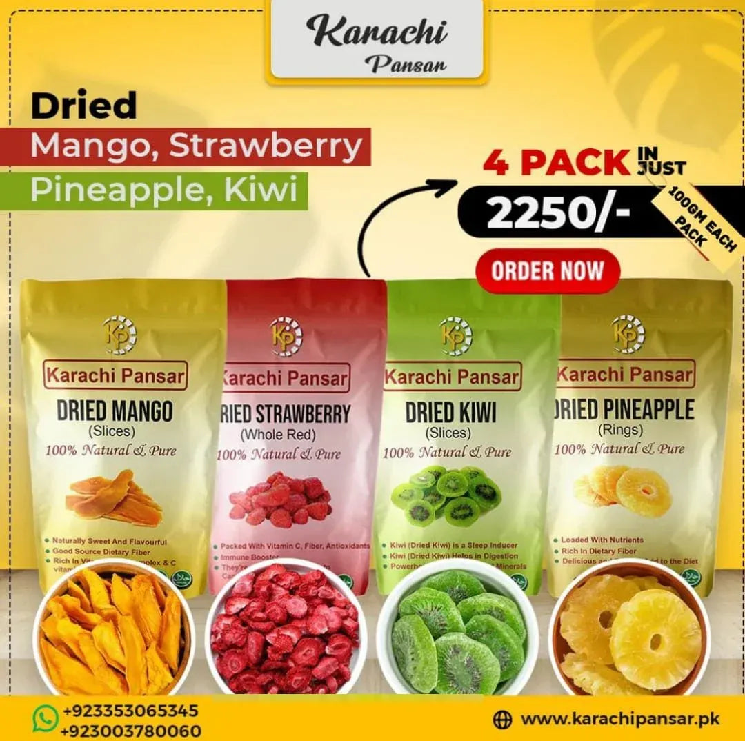 Dried Mango, Strawberry  Pineapple, Kiwi Deal 4 Packs 100 Grams Each