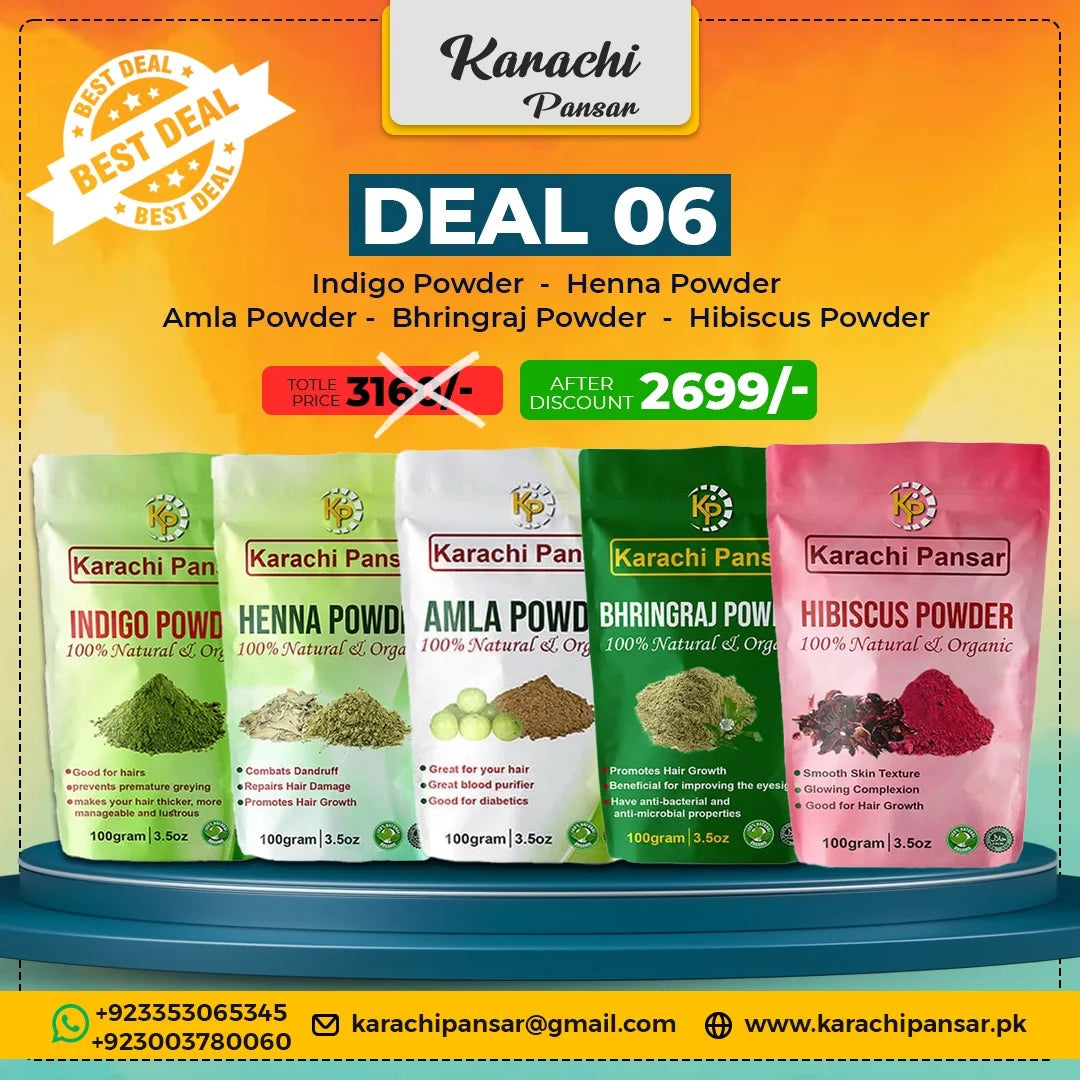 Deal 6 Indigo Powder, Henna Powder, Amla Powder, Bhringraj Powder, and Hibiscus Powder