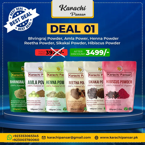Deal 1 Bhringraj Powder, Amla Powder, Henna Powder, Reetha Powder, Shikakai Powder, and Hibiscus Powder